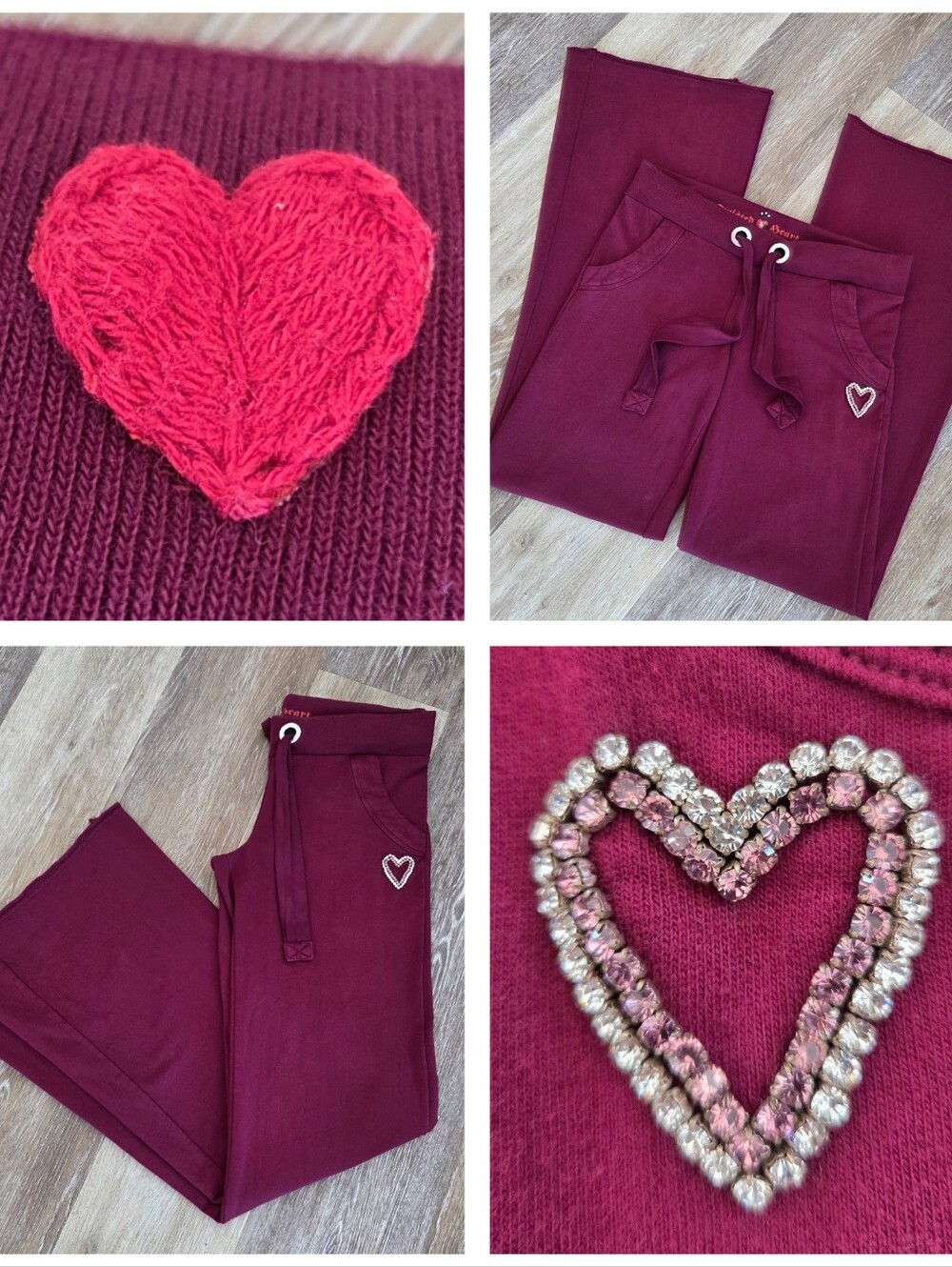 Vintage Y2K Twisted Heart Burgundy Boot Cut Flare Pant Rhinestone Heart Low Rise